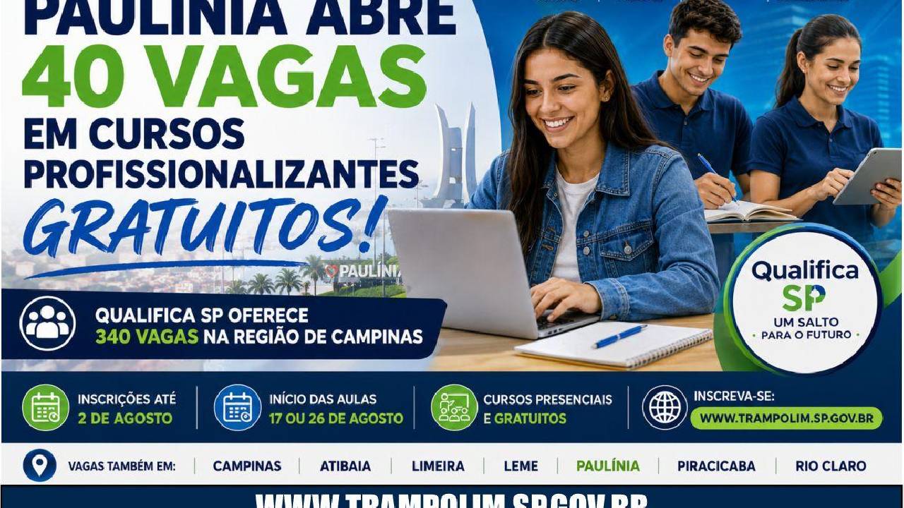 Paulínia abre 40 vagas em curso profissionalizante gratuito do Qualifica SP; região tem 340 oportunidades