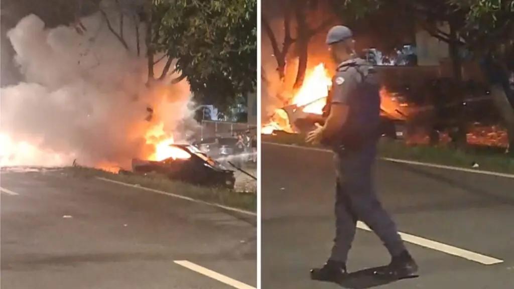 Homem e mulher morrem carbonizados após Porsche bater e pegar fogo em Campinas