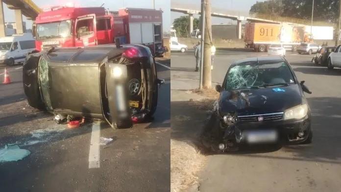 Carro capota e engavetamento trava trânsito entre Sumaré e Paulínia